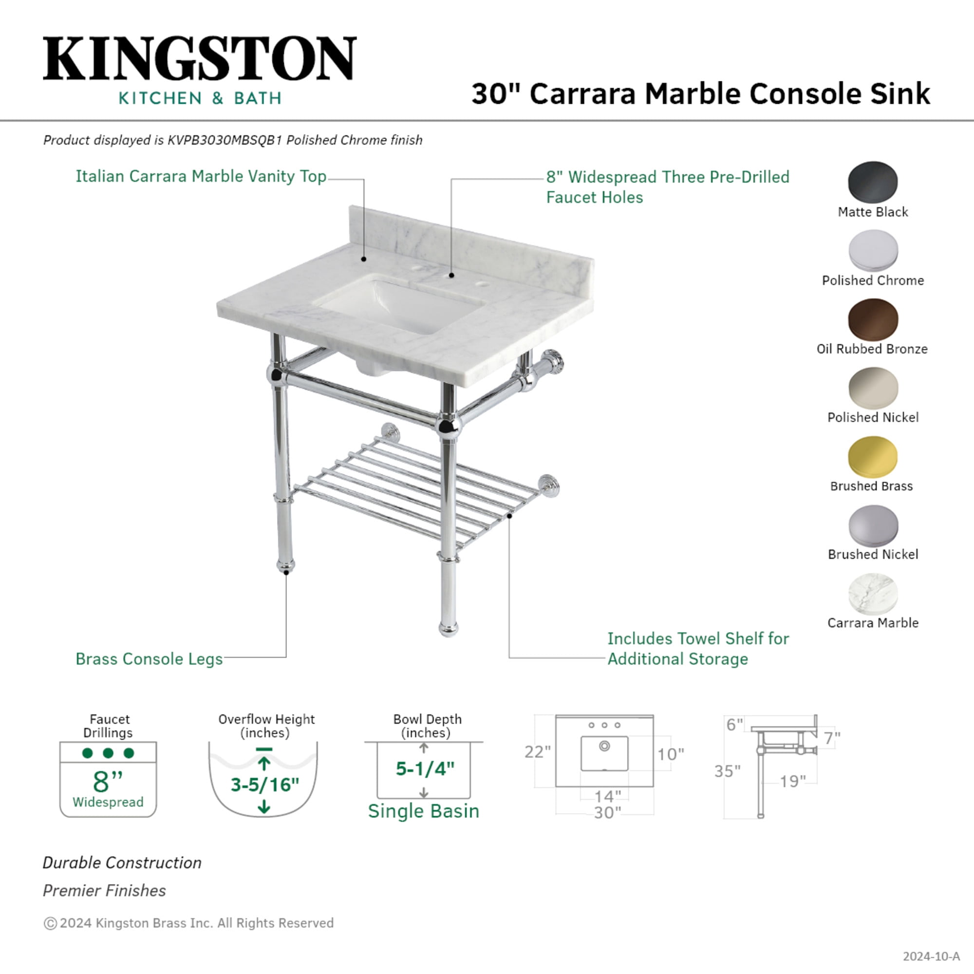 Kingston Brass KVPB3030MBSQB8 Templeton 30" Rectangular Brass, Marble Console Bathroom