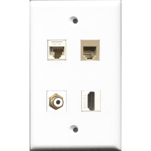 RiteAV 1 Port HDMI and 1 Port RCA White and 1 Port Phone RJ11 RJ12 Beige and 1 Port Cat6 Ethernet White Wall Plate