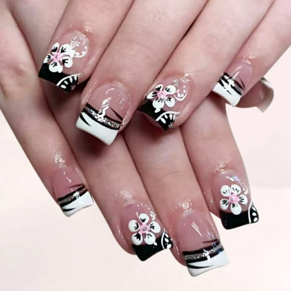 Square Press on Nails Flower Fake Nails Stick on Nails in 12 Sizes,24 Pcs French Nails Tips for Diys Nails Art Decors