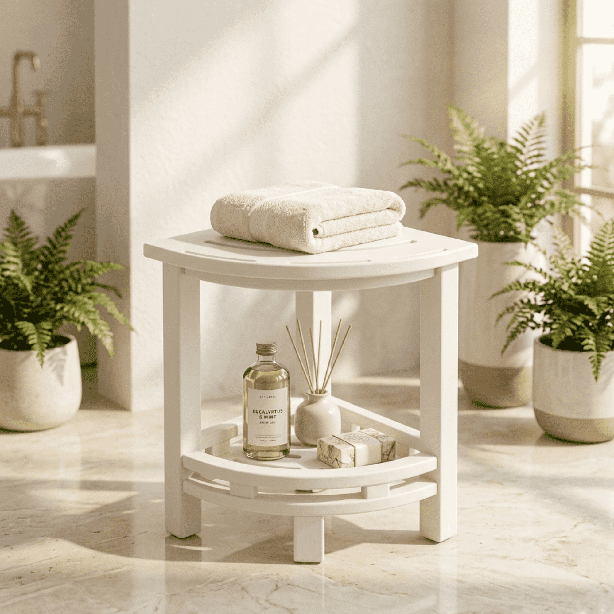 HDPE Corner Shower Stool, Waterproof Bathroom Shower Seat with Storage Shelf, Space-Saving Bath Stool for Shaving Legs & Everyday Use, White