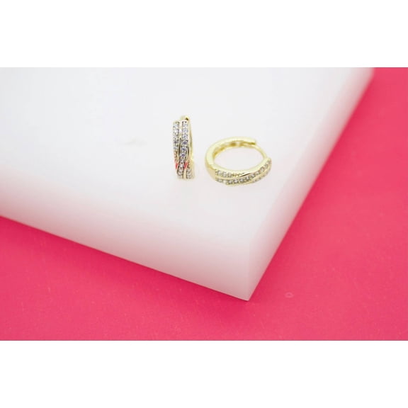 18K Gold Filled Curved Designed Huggies Pave Earrings (K216)