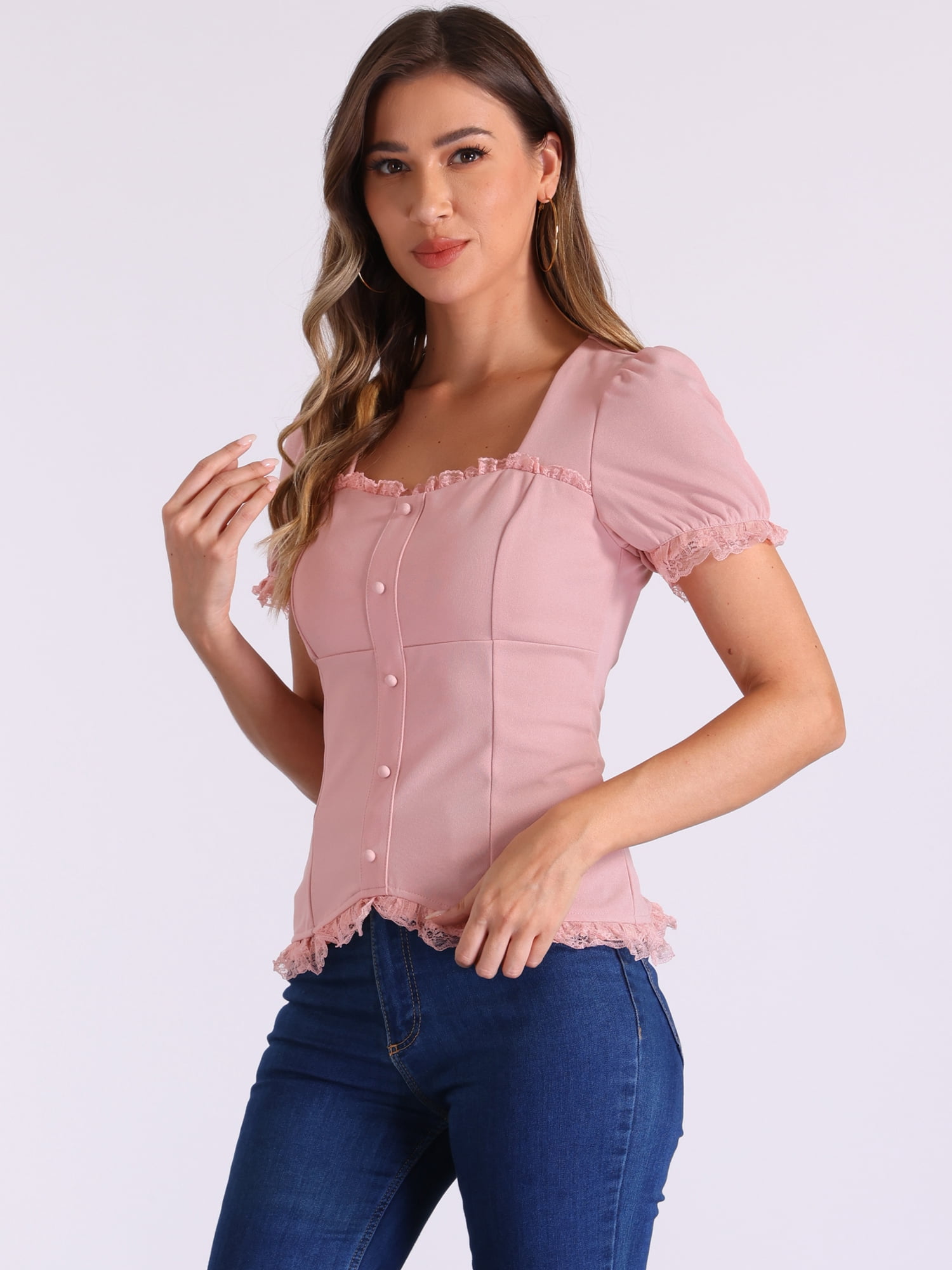 DARING DIVA Sweetheart Neck Puff Sleeve Lace-up Blouse XS Grey Pink