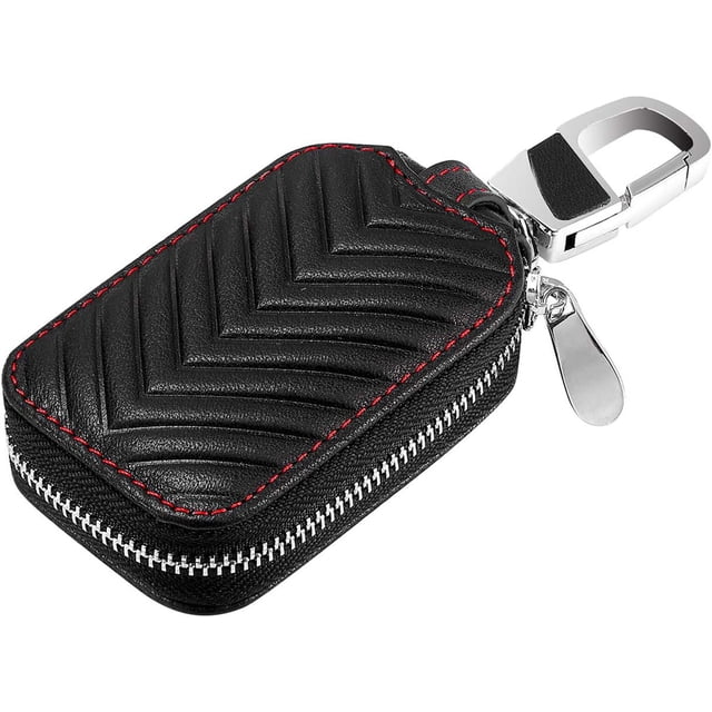 Funda para llavero inteligente de coche de cuero genuino negro, funda para monedas, llavero con control remoto, bolso, llavero, billetera, estuche con cremallera (negro, pequeño)