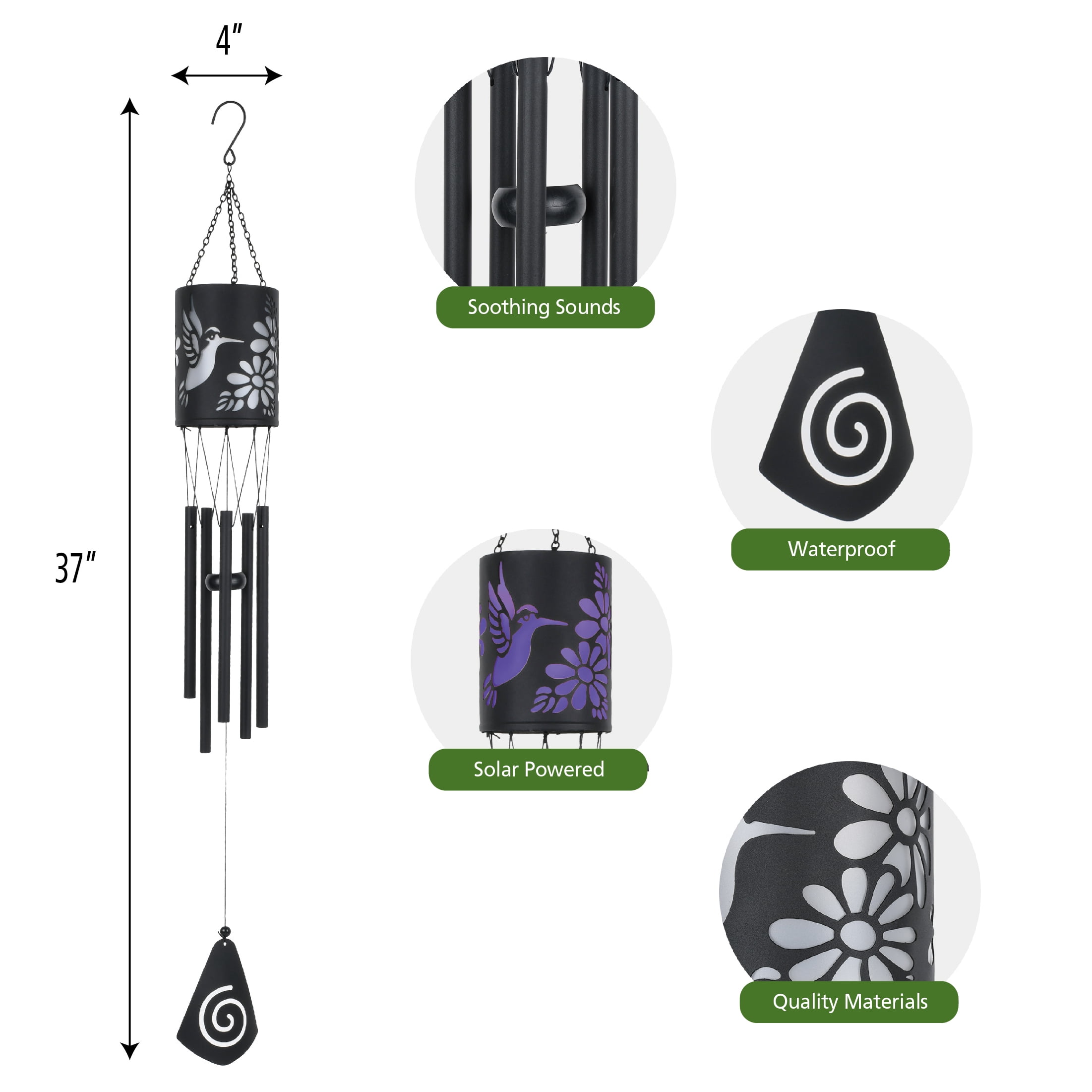 Mainstays Solar-Powered Hummingbird Wind Chime, Black