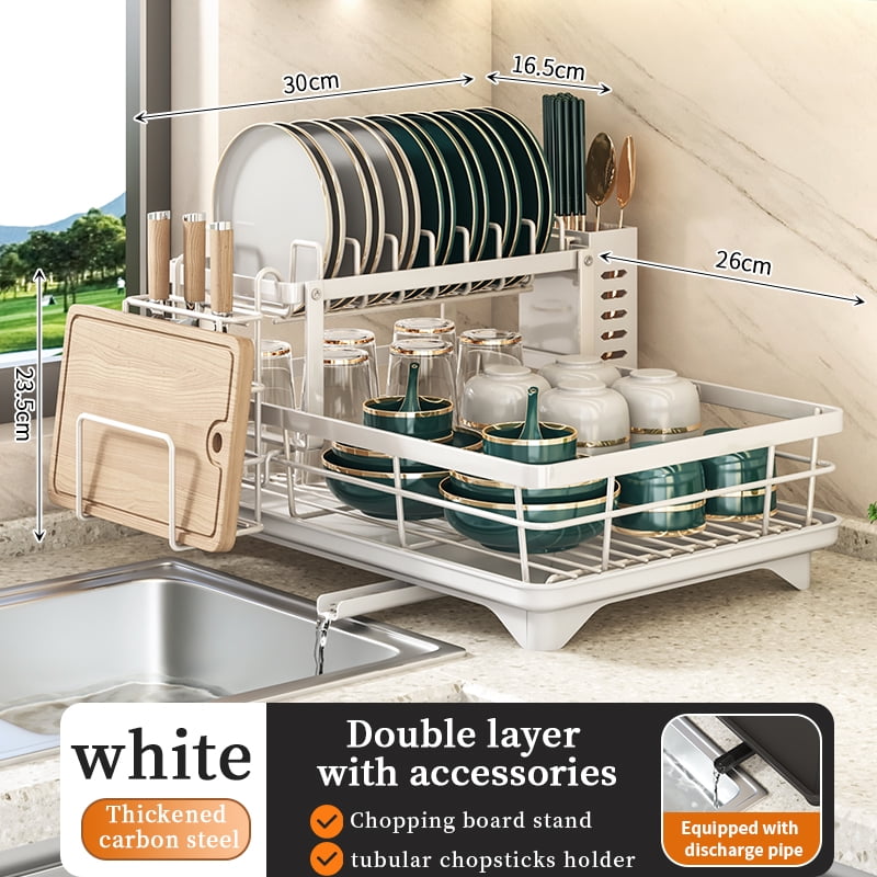 Dish Drying Rack- Space-Saving Dish Rack, Dish Racks for Kitchen Counter, Stainless Steel Kitchen Drying Rack with a Cutlery Holder,12''W x 17''L, White