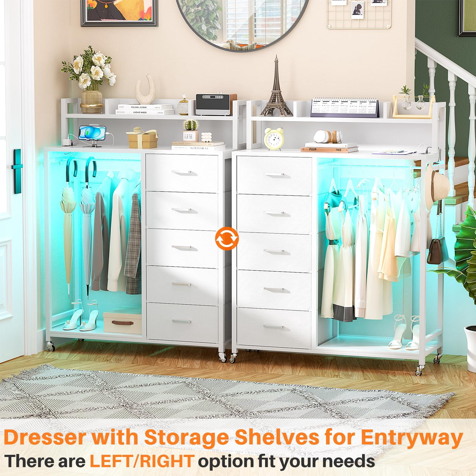 Aheaplus Dresser for Bedroom with Clothes Rack & Shelves, 5 Drawers Dresser with Charging Station & LED Lights, Chest of Drawers with Lockable Wheels, Storage Shelves, Bedroom, Entryway,White