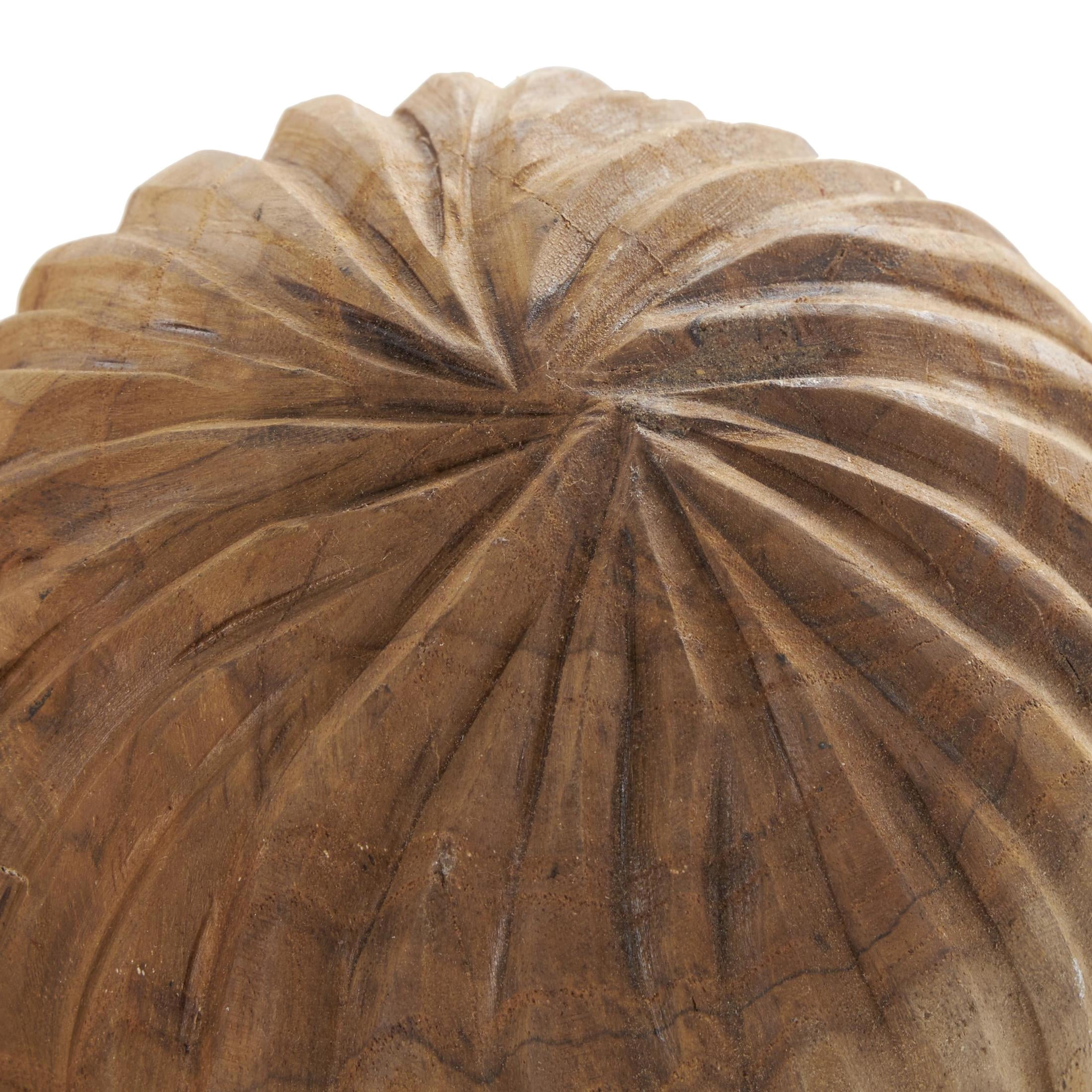 DecMode Brown 6" Handmade Carved Textured Teak Wood Orbs & Vase Filler with Wavy Ridges (3 Count)
