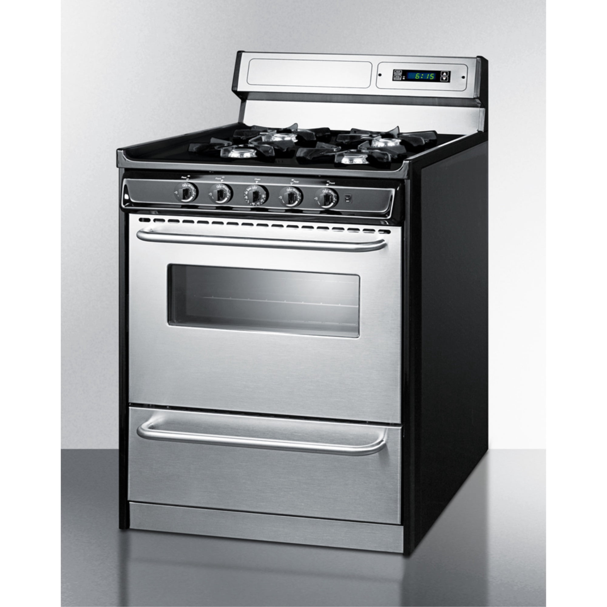 30" wide gas range in stainless steel, open burners and clock/timer on high backguard