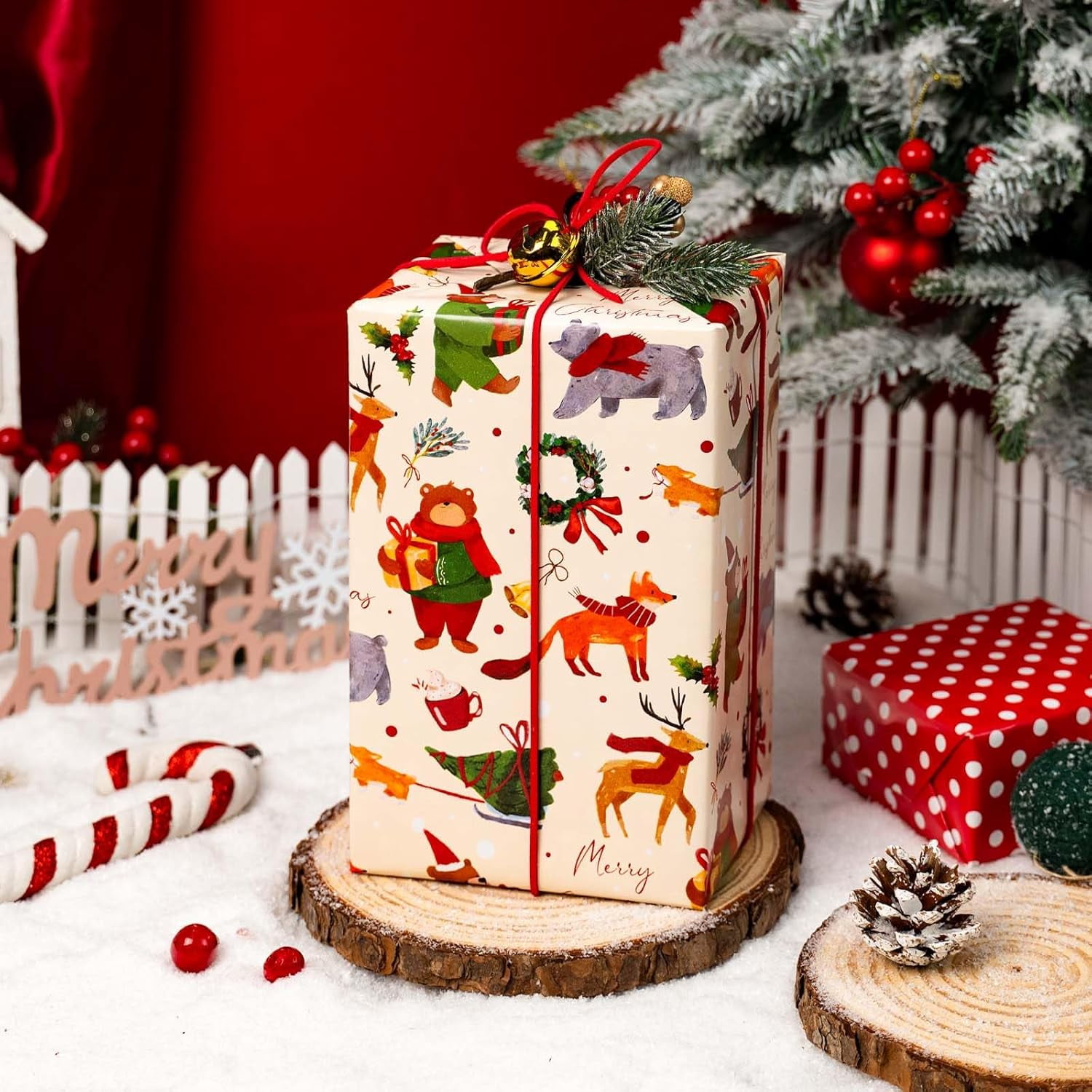 Christmas Wrapping Paper, Reversible Bear, Foxes have Christmas Design Gift Wrapping Paper Suitable for Holiday, Mini Roll (17 Inch X 32.8 Feet)