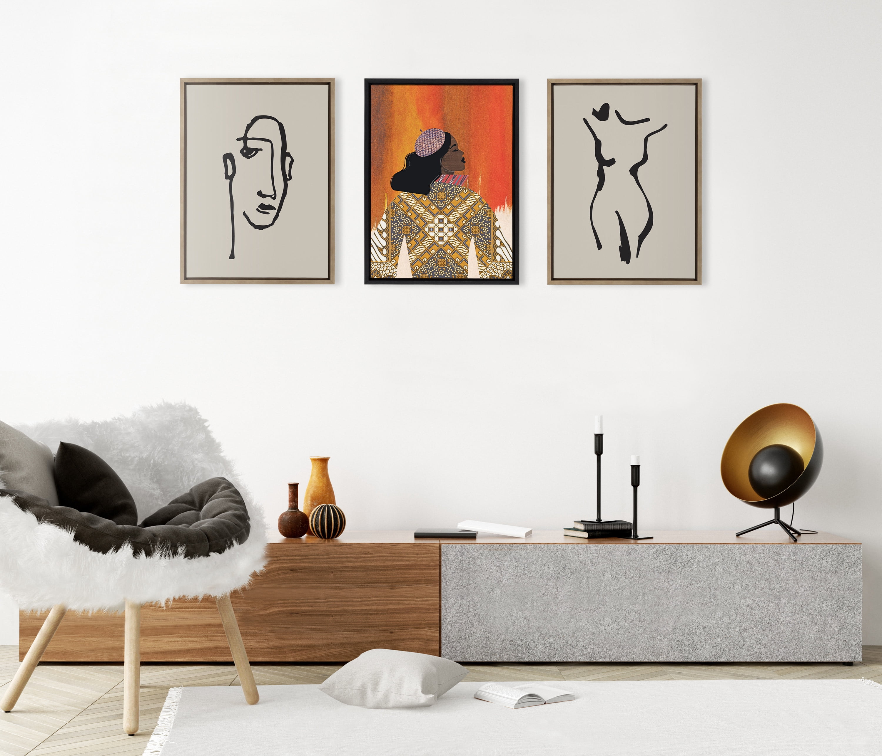 Kate and Laurel Sylvie Minimalist Neutral Line Art Drawing Face and Body Framed Canvas Wall Art Set by The Creative Bunch Studio, 2 piece 18x24 Gold, Modern Minimal Brushstrokes Art for Wall