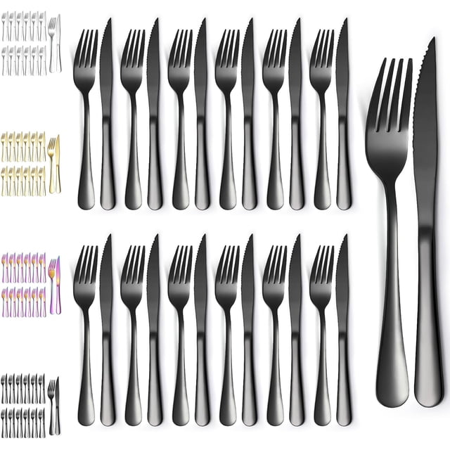 Evanda Black Steak Knives Set 24 Piece, Black Titanium Plating Stainless Steel 12 Dinner Forks and 12 Dinner Knives Set, Steak Knives Steak Forks, Dishwasher Safe