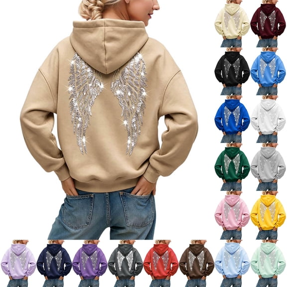 Textilo Womens Sequin Angel Wings Hoodies Sparkly Wing Print Long Sleeve Sweatshirt Hooded Hoodies Fashion Y2k 90s Vintage Casual Clothes,Beige L