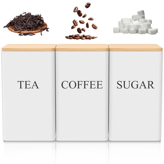 3Pcs Kitchen Canister Coffee Tea Sugar Container with Airtight Bamboo Lid and Name Marker 1000 ML Kitchen Storage Jar Square Tea Canister Jar for Tea Coffee Sugar