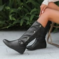 thumbnail image 5 of Womens Mid Calf Boots Hidden Wedge Low Heel Vintage Leather Round Toe Adjustable Button Fall Winter Dress Long Booties Black Size 9, 5 of 7