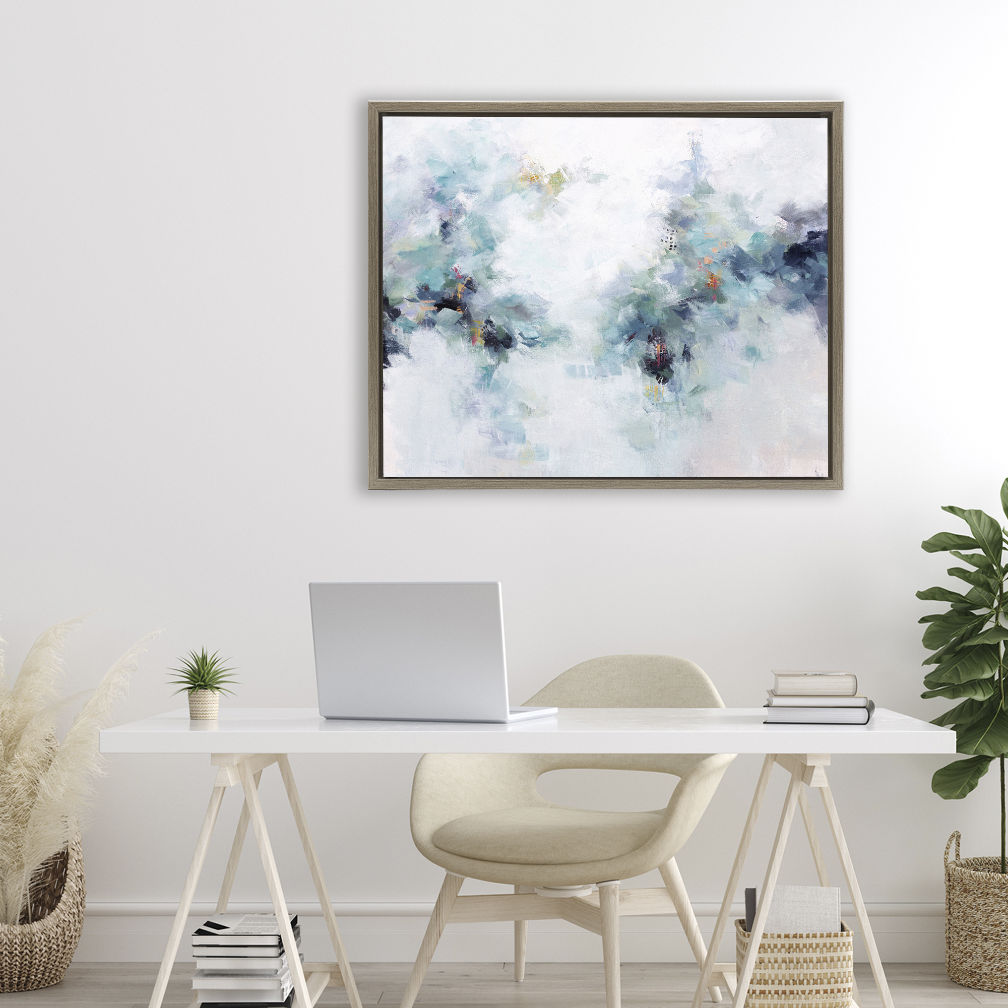 Reaching Out Abstraction Brown Framed Floater Canvas Wall Art, design by Karen Hale