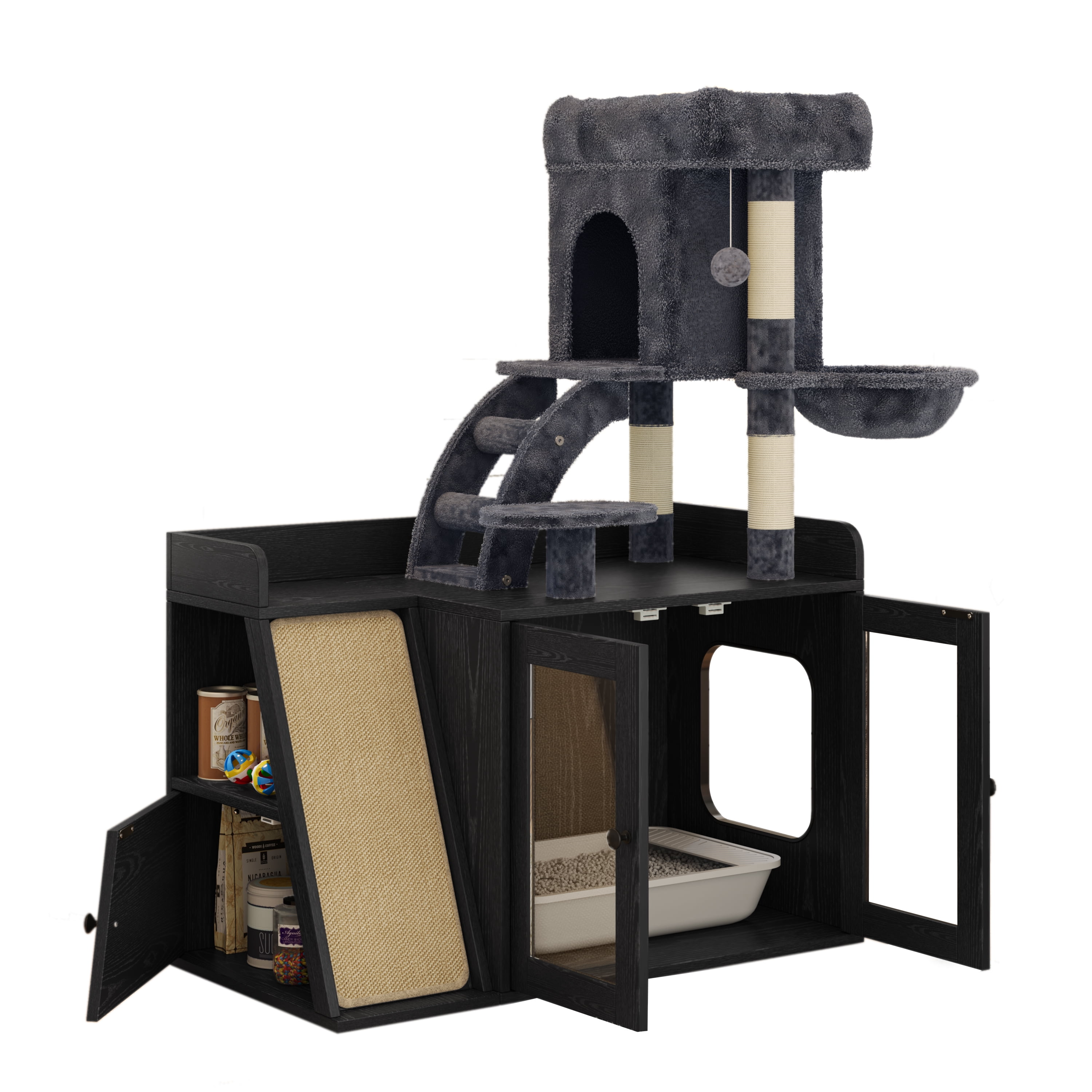 Euroco Cat Tree with Litter Box Enclosure, All-in-one Cat Tower with LED Light,Sisal Scratching Post,Hammock,House,Platform & Storage Space,Hidden Litter Box Furniture with Condo,Black
