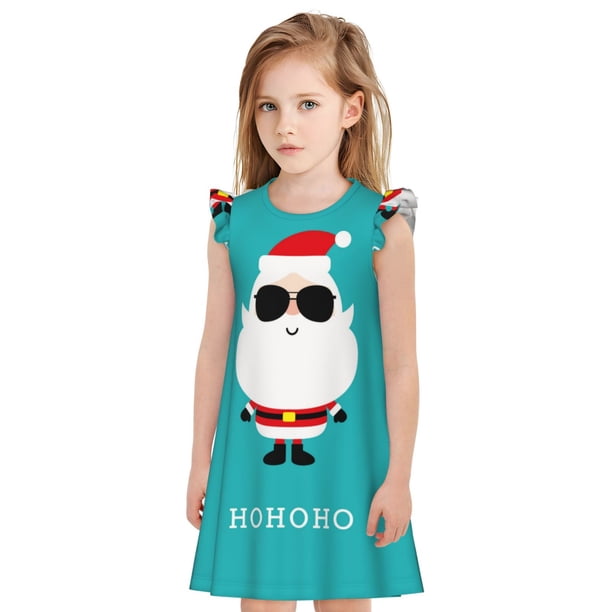 Fotbe Cute Santa Claus Vestido de Dormir para Niñas de 3 a 10 Años, Mangas Cortas, Estilo Princesa, Pijama Camisón con Mangas Voladas-Large
