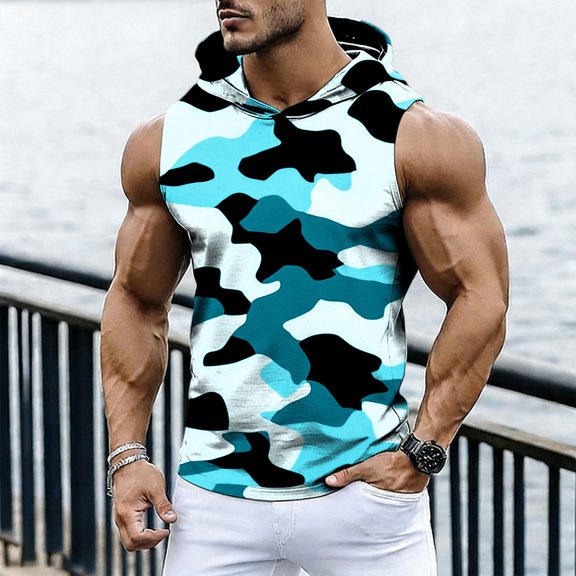 LWITHSZG Workout Tank Tops for Men Gym Bodybuilding Camo Hoodie Beach Vacation Camouflage Sleeveless Shirts Summer Outfits S-3XL