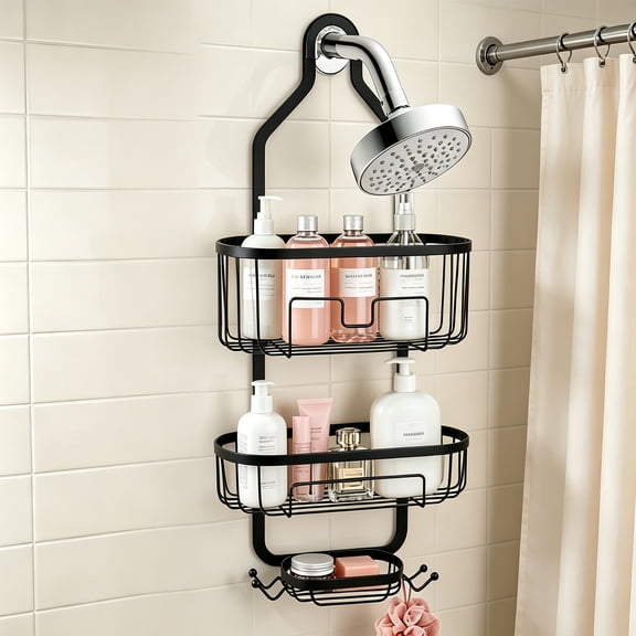 Hanging Shower Caddy Over Shower Head, 3 Tier Metal Bathroom Shower Organizer with Soap Tray & Side Hooks, No Drilling Shower Storage Rack