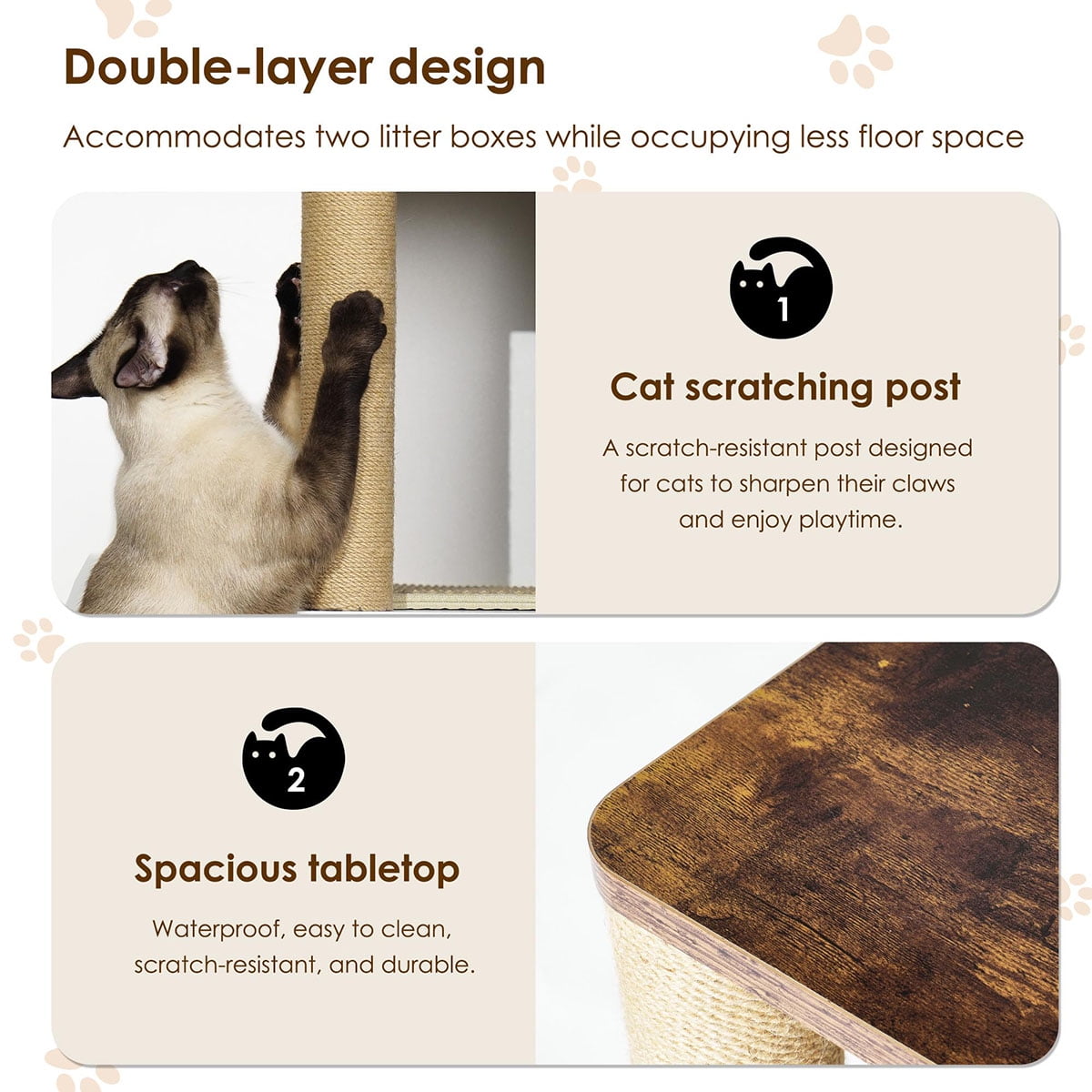 Danolapsi Cat Litter Box Enclosure for 2 Cats, Litter Box Enclosure with Double Room, Hidden Enclosed Cat Litter Box Furniture with Scratch Posts and Double-Layer Litter Mats