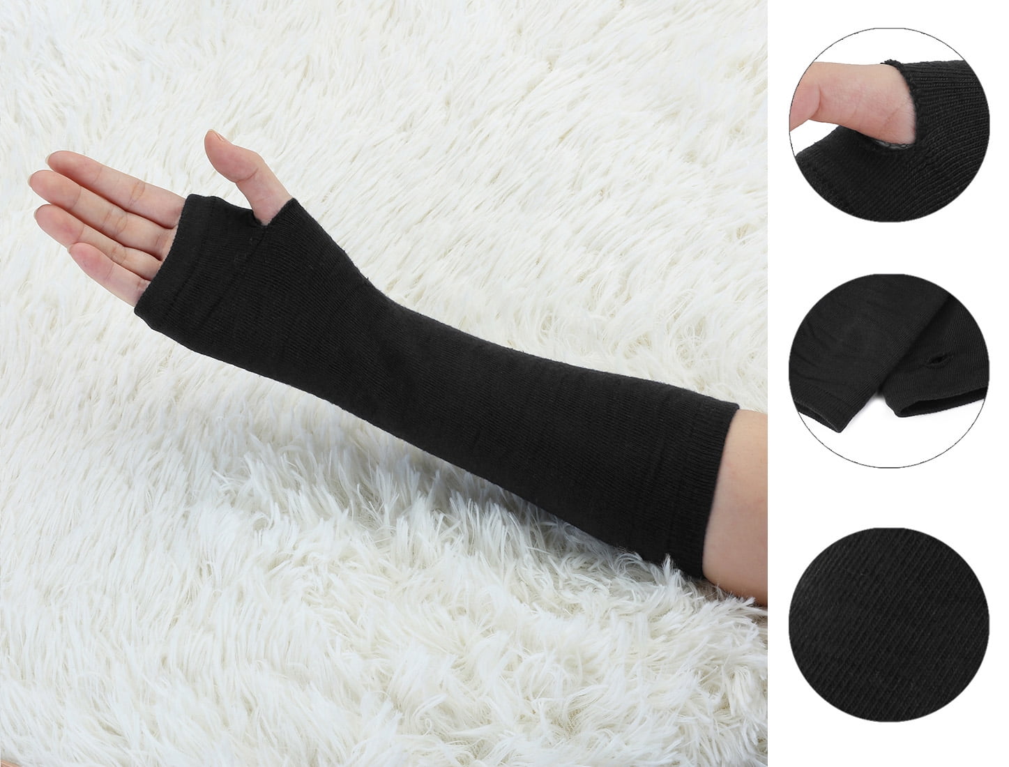 Unique Bargains Women Winter Stripes Fingerless Thumbhole Elastic Long Gloves Black