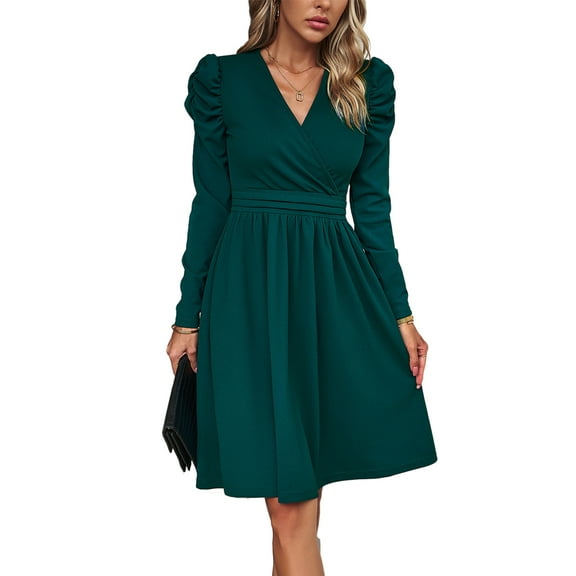 Fall Dress for Women Casual Ruffle Short/Long Sleeve Dresses, Wrap V-Neck Dress - M