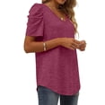 thumbnail image 3 of Womens Summer Shirt V Neck Casual Tshirts Puff Sleeve Tops for Women Solid Color XS-3XL Hort-Sleeved Top With Pleated Seams And V-Neck Design Red 2XL, 3 of 5