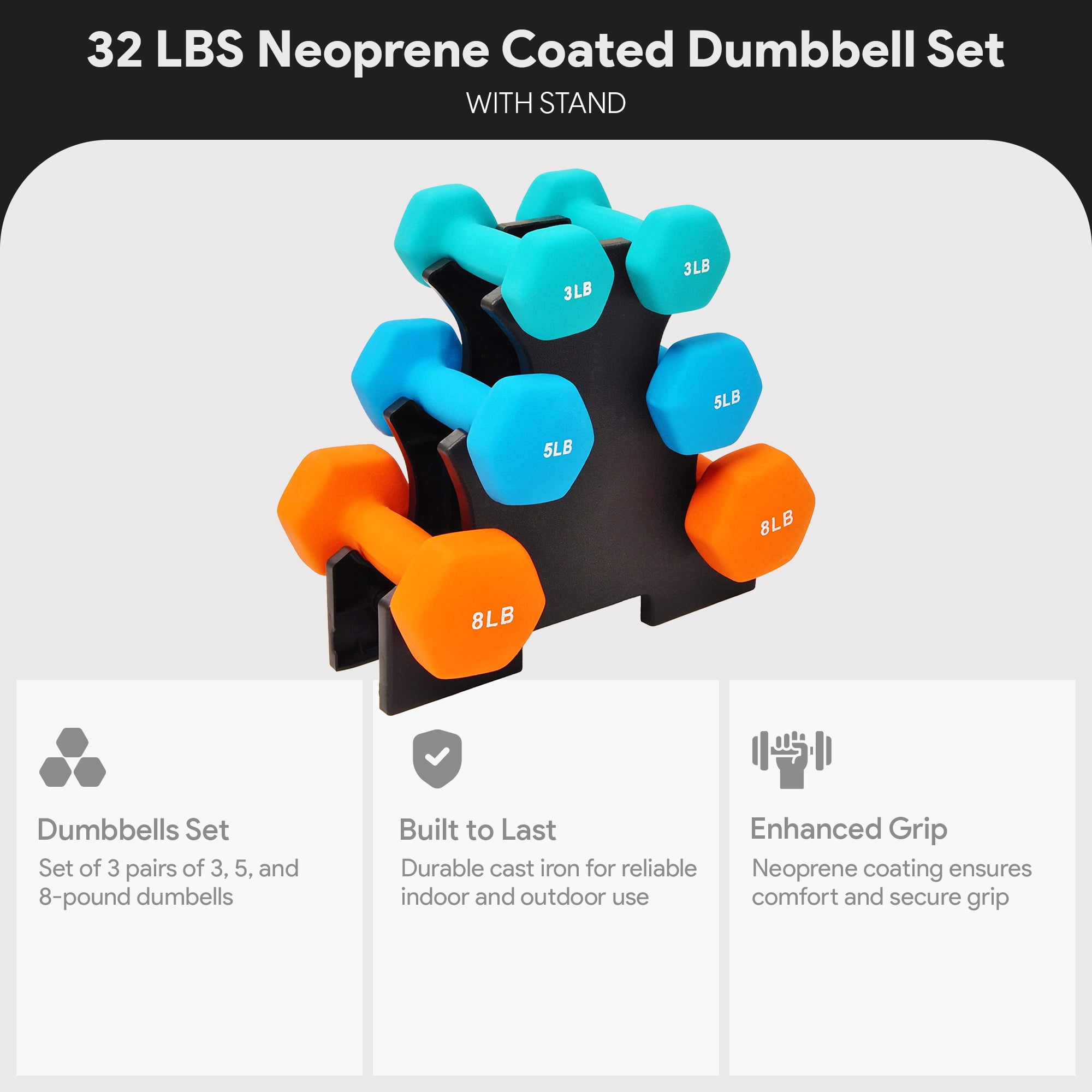 BalanceFrom 32 lb Neoprene Coated Iron Dumbbell Hex Weights Set with Stand, Color-Coded