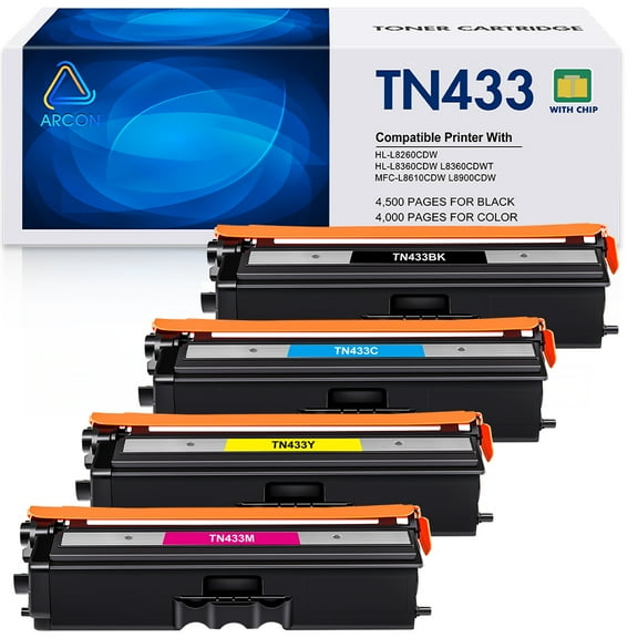 TN433 TN433BK 4-Pack Toner Cartridges Compatible for Brother TN-433C TN-433M TN-433Y MFC-L8900CDW HL-L8360CDW L8260CDW MFC-L8610CDW HL-L8360CDWT(Black Cyan Magenta Yellow)