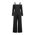 thumbnail image 7 of MexChoioe Womens Off Shoulder Jumpsuits Long Sleeve Contrast Trim Wide Leg Pocket Casual Vacation Rompers, 7 of 7