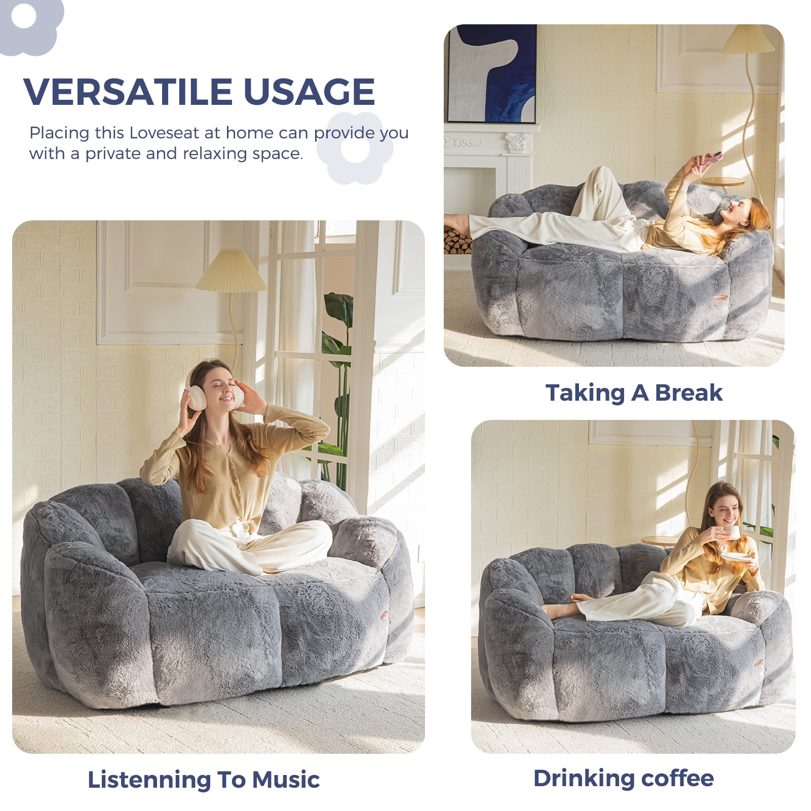GOODONE Adult Bean Bag Chair,Flower Shaped Bean Bag Sofa,Super Soft Plush Reading Chair,High Elasticity Lazy Sofa,Suitable for Living Room and Bedroom,No Assembly Required,DGrey,Double