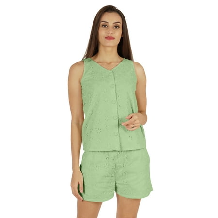 

Bimba Solid Schiffli Top & Short Nightwear Set For Womens Casual 2 pcs Sexy Lounge Sleepwear Set