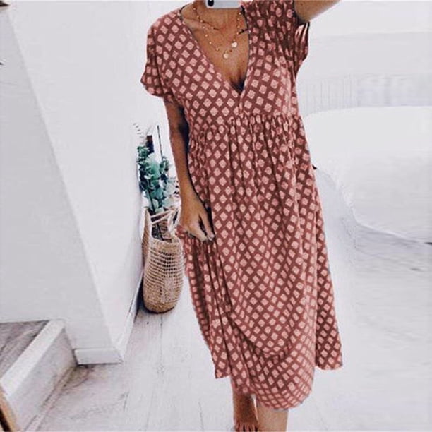 Printed Short Sleeve Dress Fashion Loose Mid-Length Dress Elegant V-Neck Home Wear Dresses Women's Casual Street Summer VestidoXXL Gao Jinjia LED