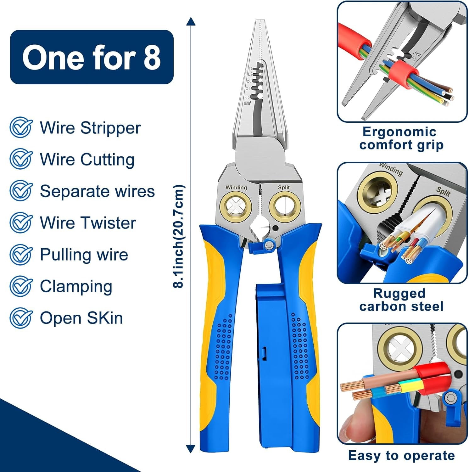 Pro 8-in-1 Wire Stripper/ with  Tester & Dual Alarms - Heavy Duty 12-250V  Electrical Tester for Hot/Neutral Wires - Electrician, HVAC,  Repair Tool (Blue-1)