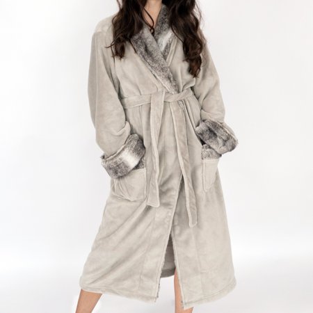 Belgian Luxurious Robe Ultra Plush Faux faux Fleece Sherpa Trim with 2 Pockets and Belt