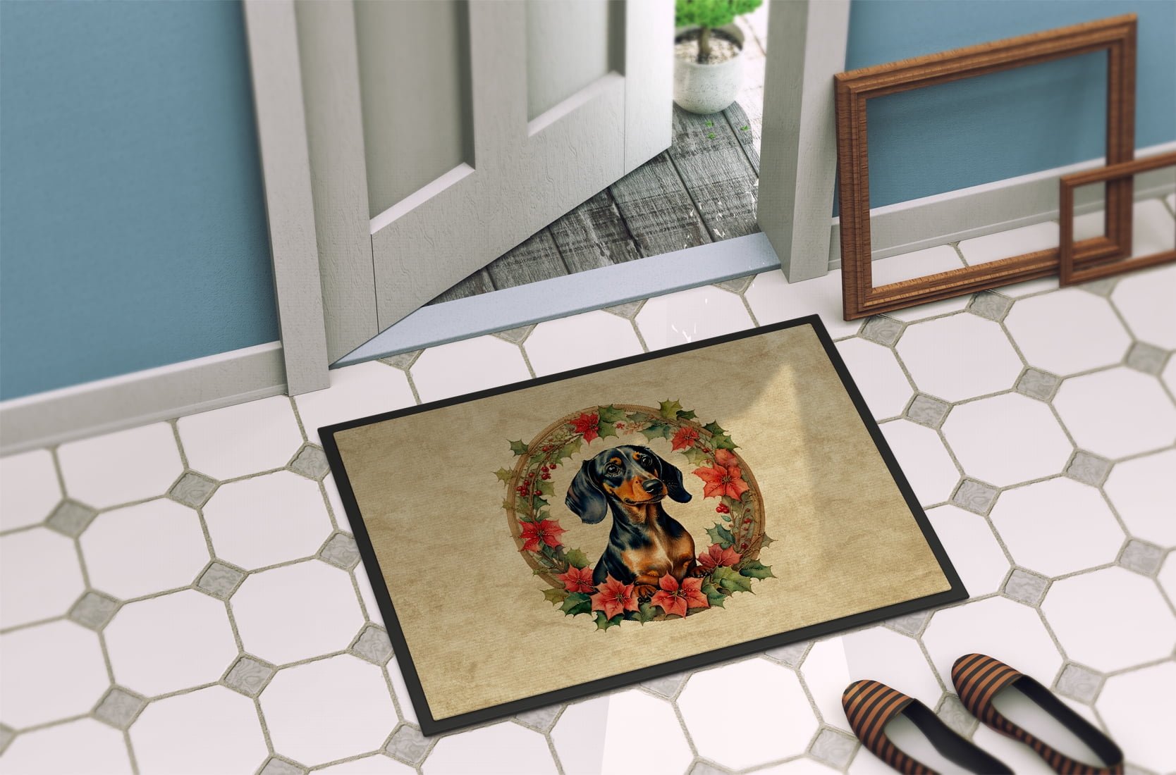 Carolines Treasures DAC2352MAT 18 x 27 in. Unisex Dachshund Christmas Flowers Doormat