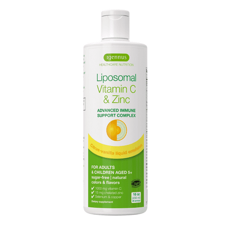 Best by 04/2023) Liposomal Vitamin C 1000mg & Zinc, High Absorption Liquid Immune Support Complex for Adults & Kids, with Copper & Selenium, Citrus Vanilla Flavor, 30 Adult Servings, by Igennus