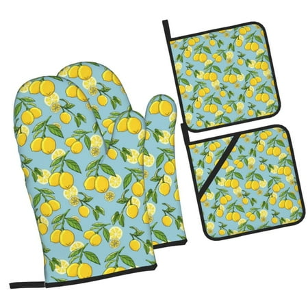 

Daiia Lemon (3) Pattern Oven Mitts and Pot Holders 4 pcs Set High Heat Resistant 500 Degree Extra Thicken Long Kitchen Cotton Oven Glove