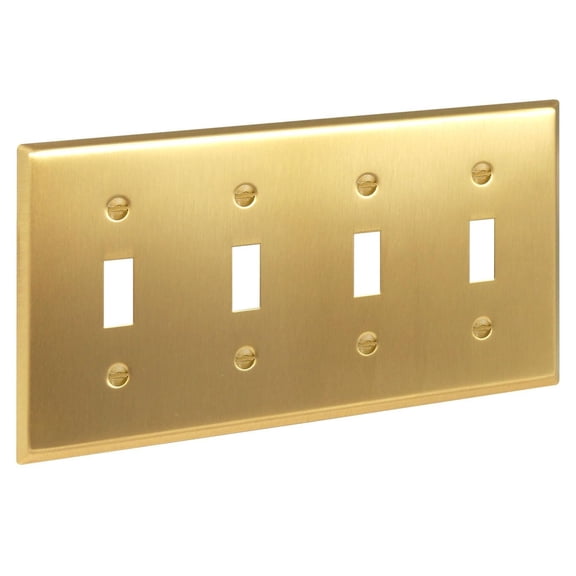 Rio Salto Signature Collection Brass Metal Quad Toggle Gold Light Switch Cover Wall Plate Quad Togle Wallplate Covers 4 Gang Brushed Brass 4-Gang Modern 8.2" x 4.5" 1-Pack Standard Size