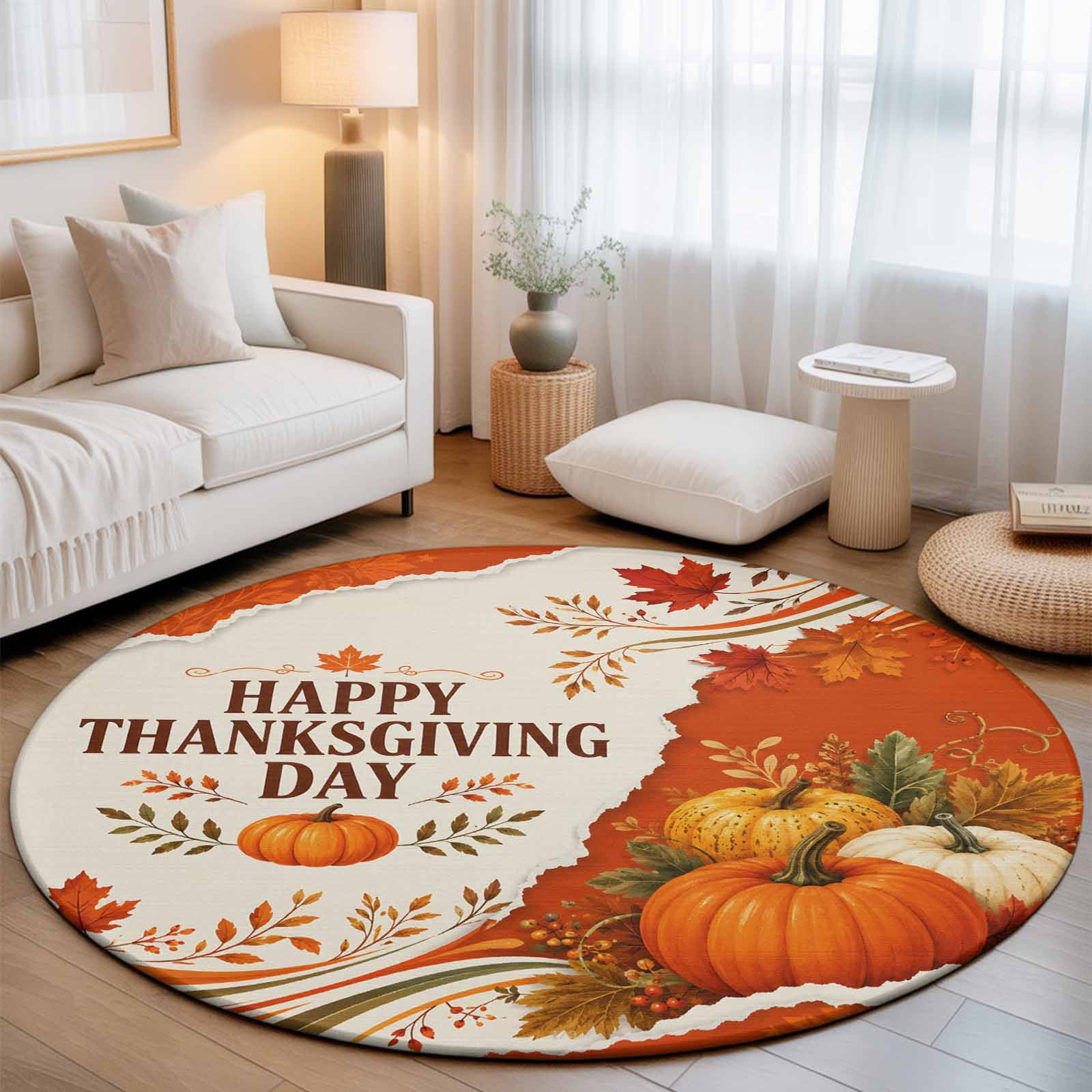 Round Area Rug - 3ft Happy Thanksgiving Day Pumpkins Non Slip Washable Circle Carpet Soft Large Floor Rugs for Living Room Bedroom Nursery Office