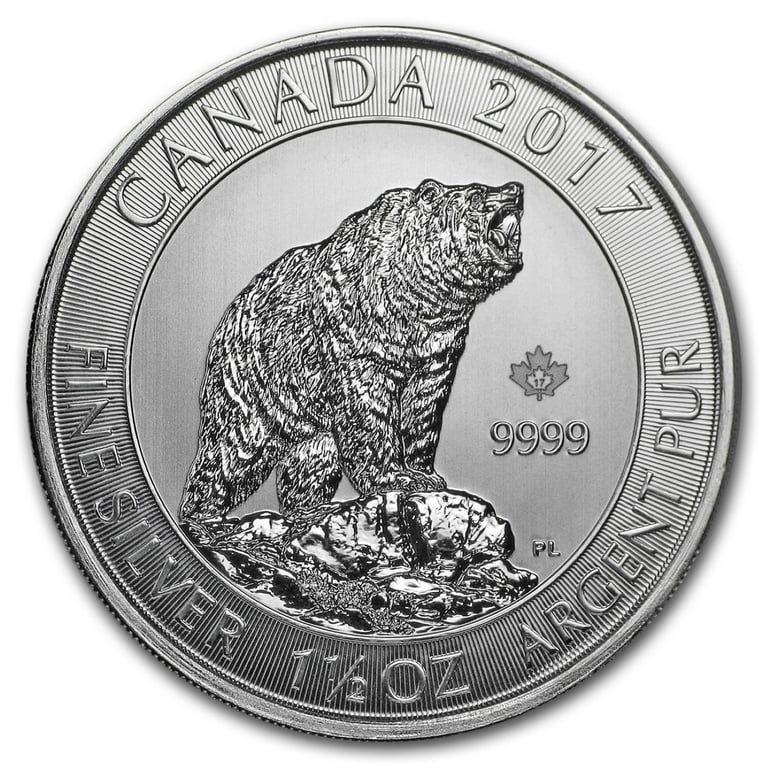 Canadian Mint 1.5 Oz Silver Grizzly Bear Bullion Coin, 38 mm