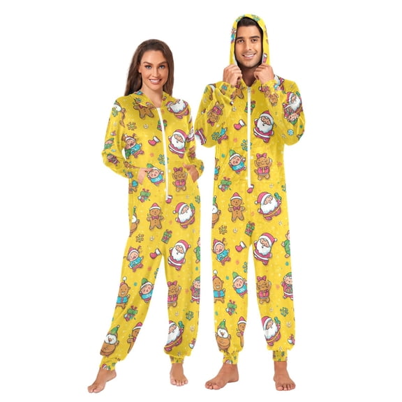 Adult Christmas Onesie Santa Claus Elves and Gingerbread Men Zipper One-Piece Pajamas Unisex with Pockets