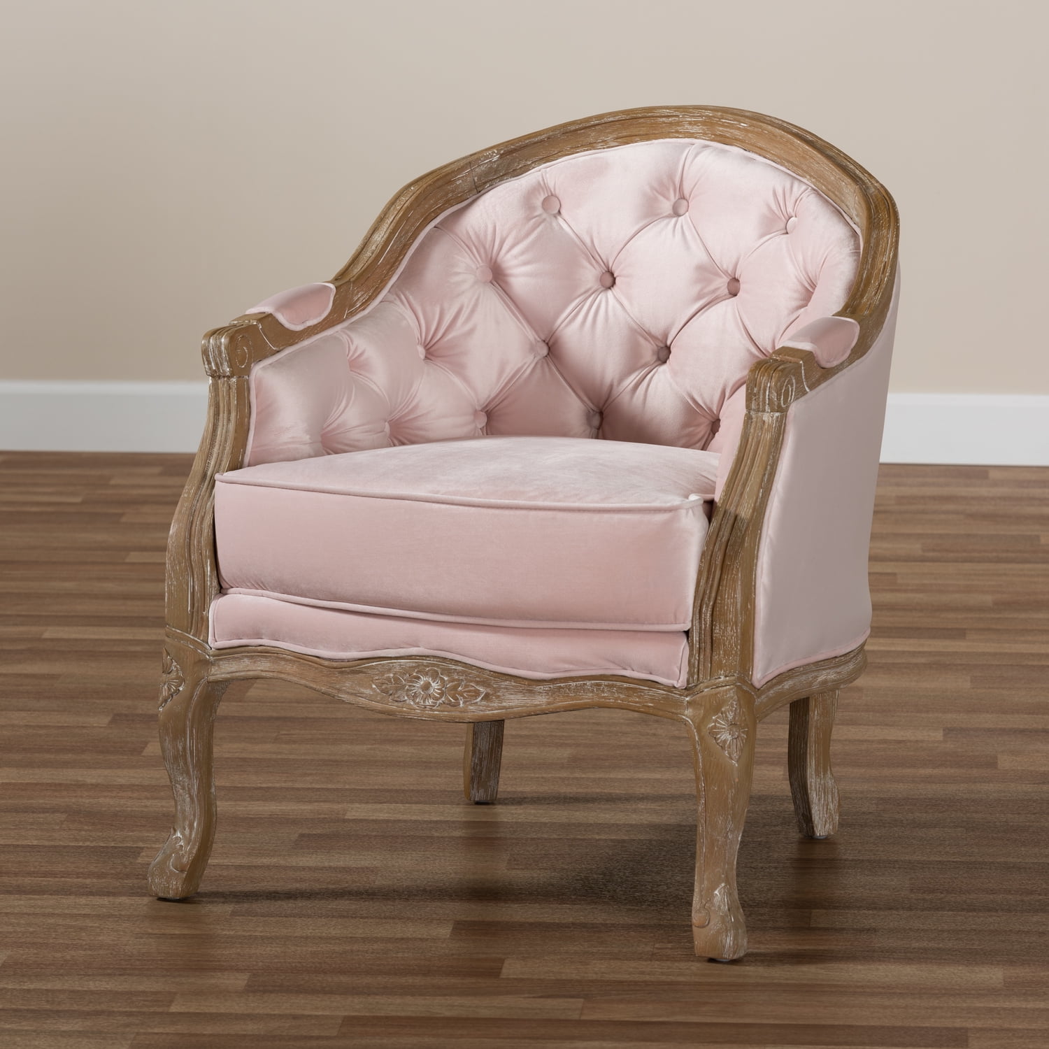 Baxton Studio Genevieve Traditional French Provincial Light Pink Velvet Upholstered White-Washed Oak Wood Armchair