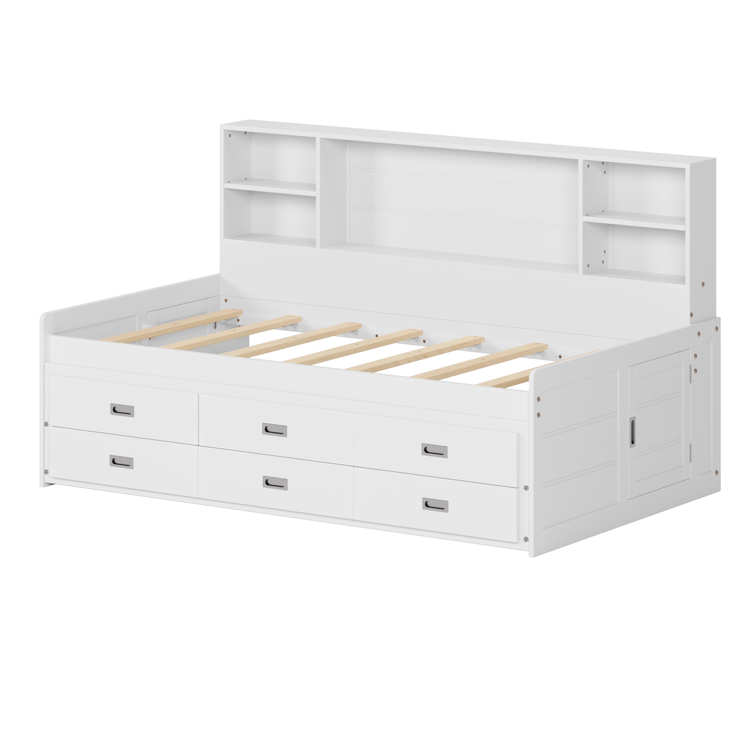 PORKISS Twin Size Daybed, Wooden Captain Daybed with Storage Bookcase Headboard, Modern Captain’s Bed with Trundle and Storage Drawers for Kids, Teens, No Box Spring Needed, White