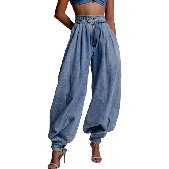 Xdegoge Baggy Balloon Jeans for Women High Waisted Pleated Harem Pants with Exposed Zipper Tapered Cuffed Hem Slouchy Denim Trousers Edgy Streetwear Casual Outfits