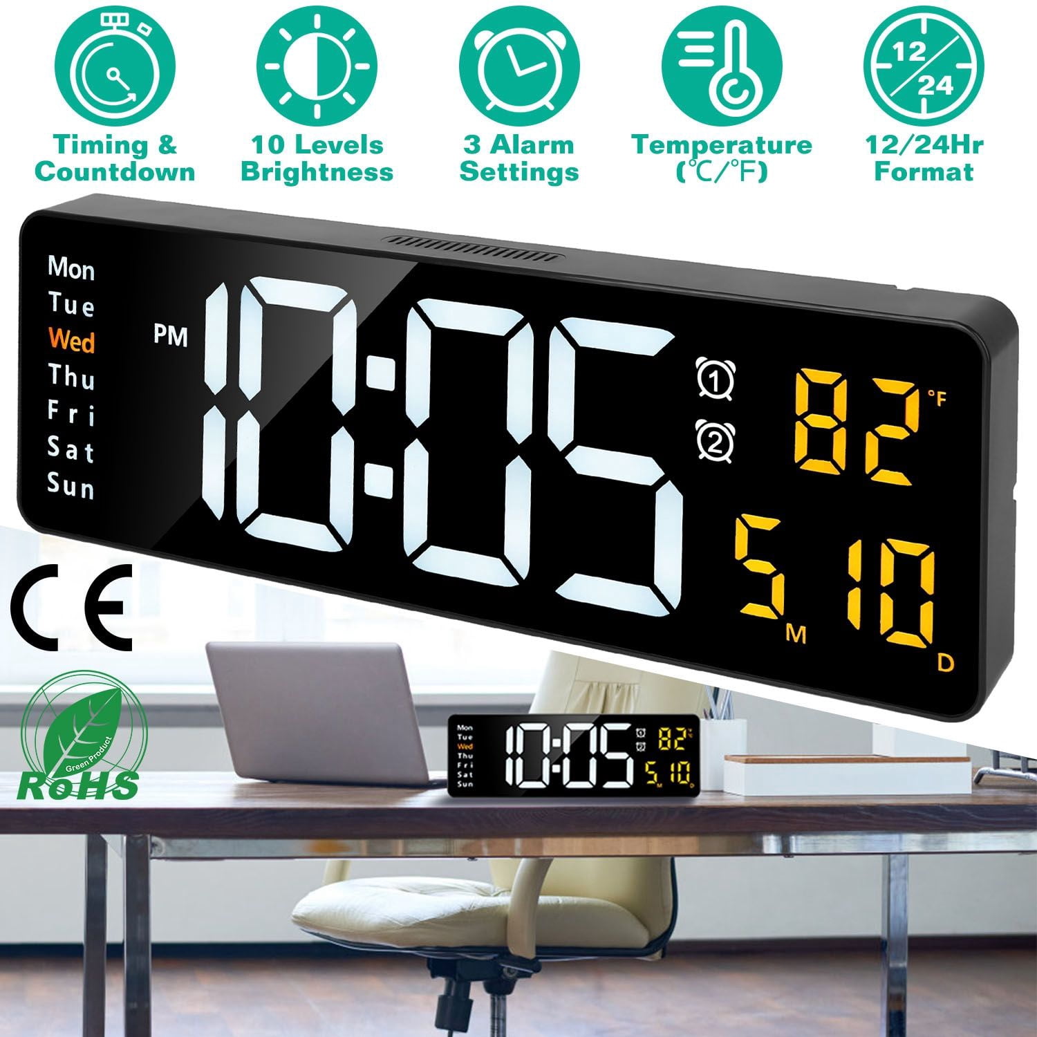 15.7in LED Digital Wall Clock with Remote Control, 10 Level Brightness 3 Alarm Settings 12/24Hr Format Timing Countdown Temperature Calendar Display Decorative Clock For Office Home