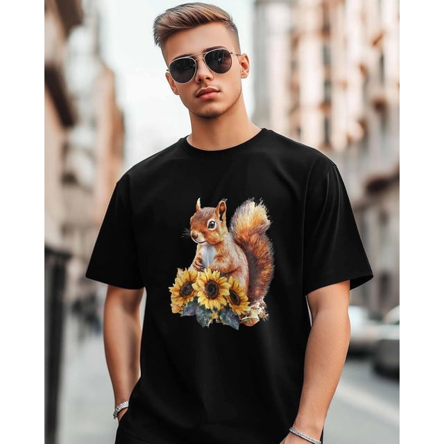 Camisetas para hombre, camisetas de manga corta con diseño de ardilla, girasol y cuello redondo, camisetas holgadas para adolescentes y niños.