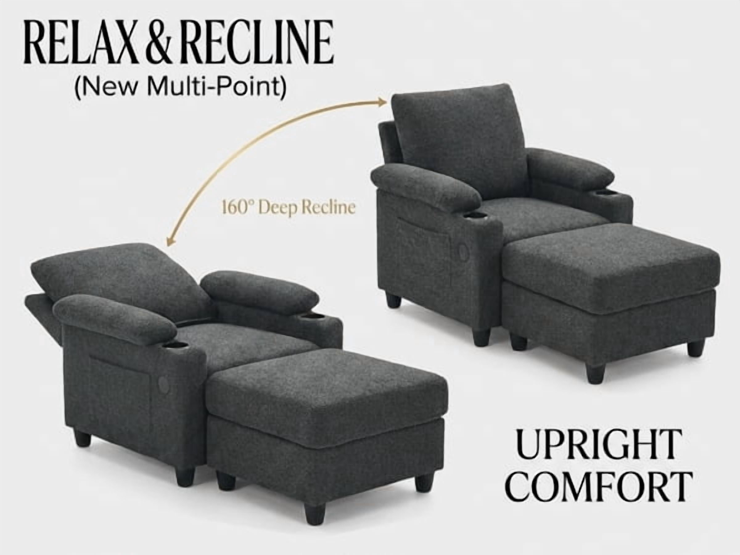 34" Accent Chair and Storage Ottoman Set, Reclining Sleeper Bed with Cupholders and USB-C Ports