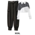 thumbnail image 4 of Jumpingount Camisa de piezas para mujer, pantalones, conjunto de patrón de empalme, camisa chal, Retro, informal, ligero, portátil, ropa para conjuntos de ropa Blanco Gris Negro 5 Jumpingount  AP013495-17, 4 of 6