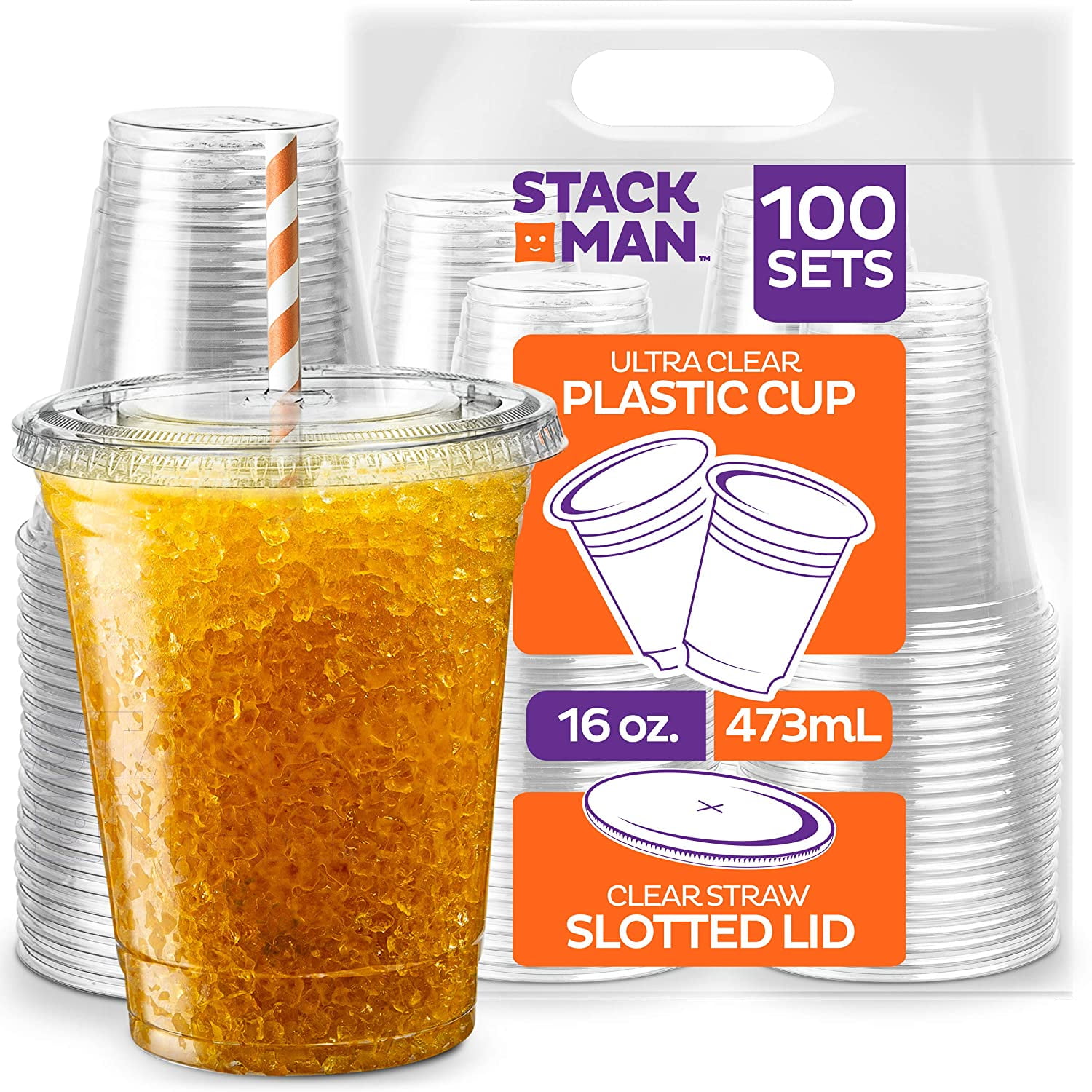Stack Man [100 Sets - 16 oz.] Clear Plastic Cups with Straw Slot Lid, PET Crystal Clear Disposable Plastic Cups with lids
